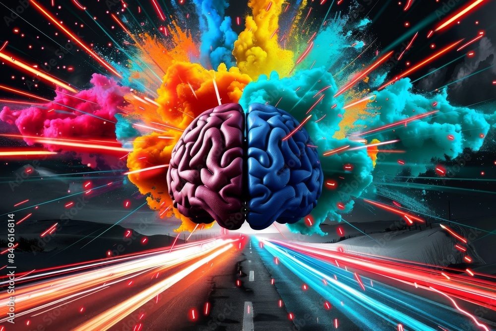 Poster colorful ai elements on a yellow background, representing artificial intelligence, cognitive computi