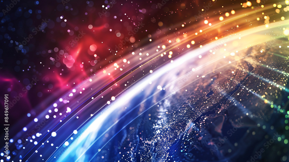 Poster colorful view of earth from space with glowing lights, representing global communications and techno
