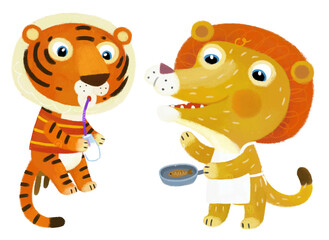 cartoon scene with happy little boy tiger cat and lion cooking having fun on white background illustration for children