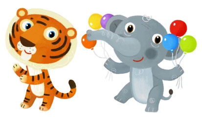 cartoon scene with happy little boy tiger cat and elephant having fun on white background illustration for children