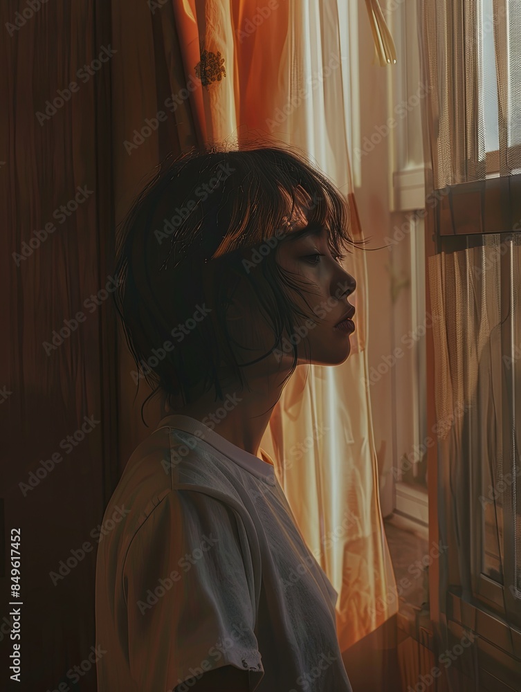 Aufkleber a woman stands by a window, looking out with a distant expression. soft natural light streams throug