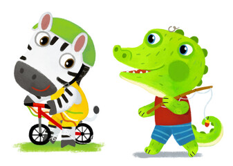 cartoon scene with wild animal zebra horse doing things like human and alligator crocodile going fishing on white background illustration for children