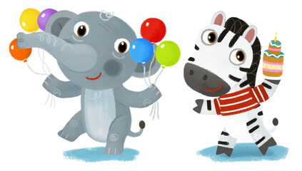 cartoon scene with happy and funny elephant and zebra horse having fun playing on white background illustration for children