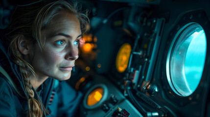 worker woman Marine biologist observes through the porthole of a submarine marine life