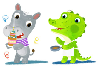 cartoon scene with happy little boy hippo hippopotamus and crocodile alligator having fun cooking baking or eating cake sweets on white background illustration for children