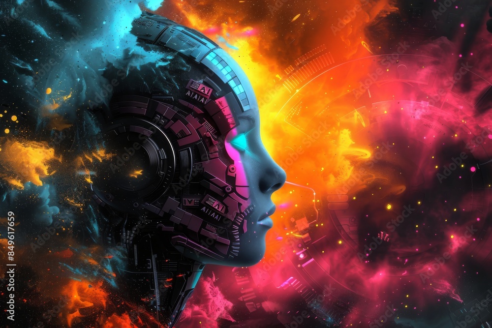 Poster ai head model in a futuristic design, representing artificial intelligence, cognitive computing, and