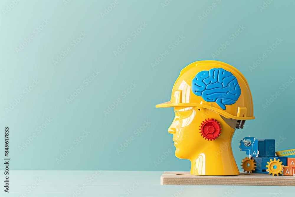 Poster ai brain model with safety helmet, representing artificial intelligence, cognitive computing, and in