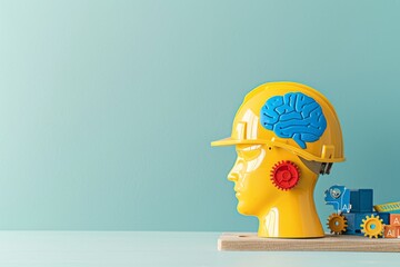 AI brain model with safety helmet, representing artificial intelligence, cognitive computing, and innovative technology in industrial environments.