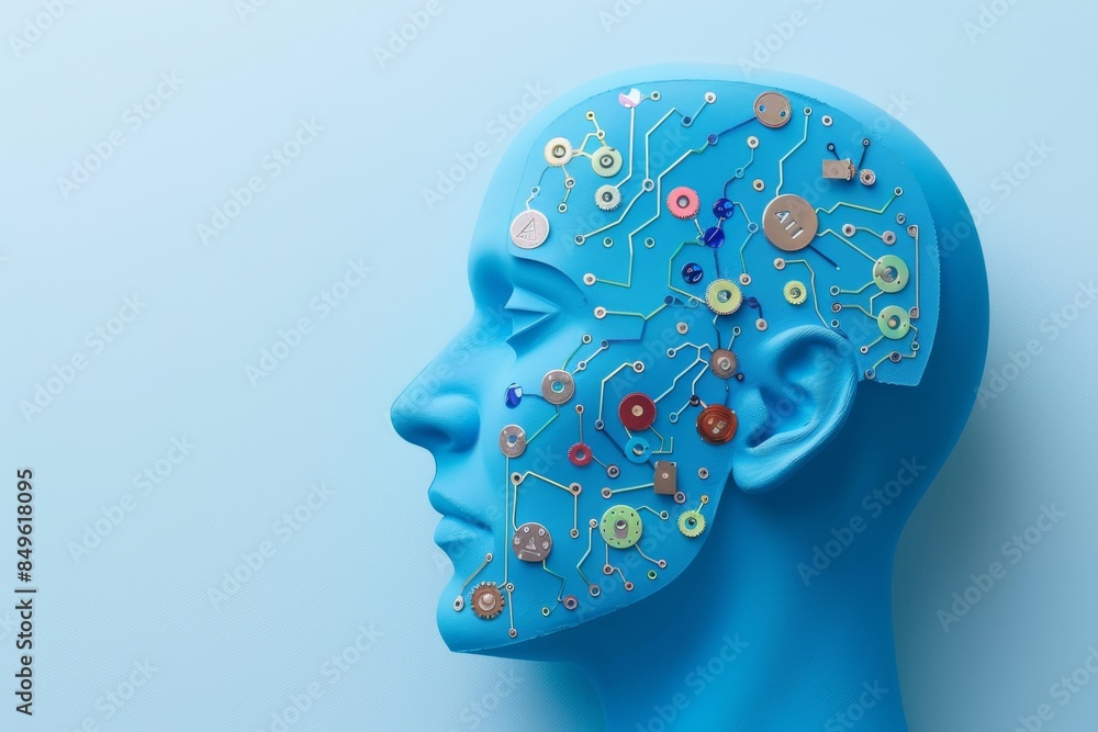 Poster ai head model with mechanical elements, representing artificial intelligence, cognitive computing, a