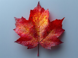 A vibrant red and orange maple leaf, adorned with water droplets, set against a minimalist white background, captures the essence of autumn.