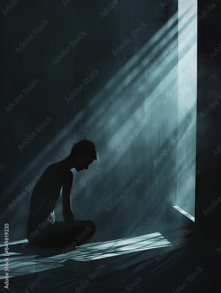 Poster A person sits alone in a dark room, illuminated by a single beam of light streaming through a window. Generative AI