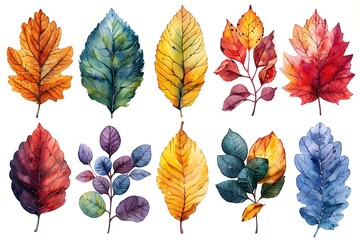 Fototapeta premium A watercolor painting of a collection of colorful autumn leaves in various shades of orange, yellow, red, green, blue, and purple, set against a white background.