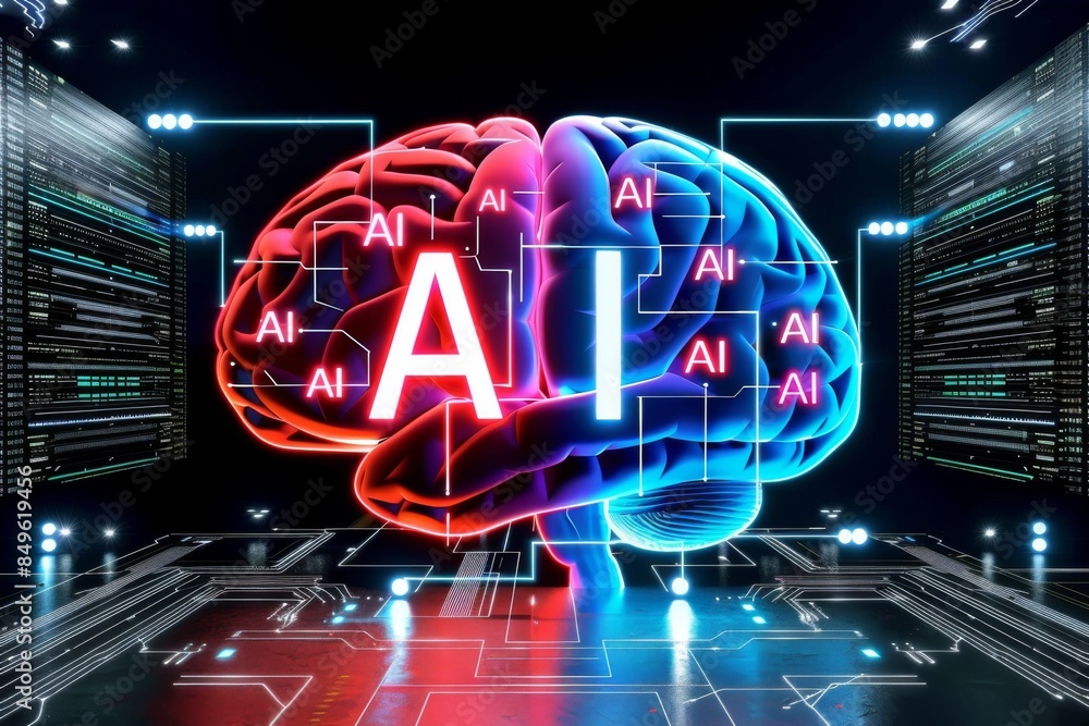Poster futuristic digital brain with ai elements, representing artificial intelligence, cognitive computing