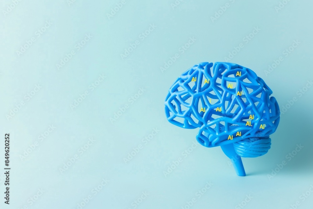 Poster ai brain model on blue background, representing artificial intelligence, cognitive computing, and in
