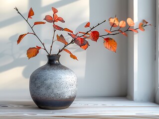 A simple yet elegant still life of autumn leaves in a ceramic vase, set against a window with soft, natural light.