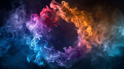 A colorful smoke ring dances against a dark background, blending shades of blue, purple, orange, and pink in a mesmerizing design
