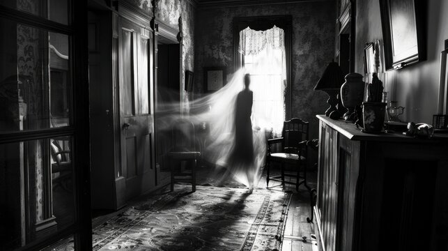 ghost inside a house in black and white
