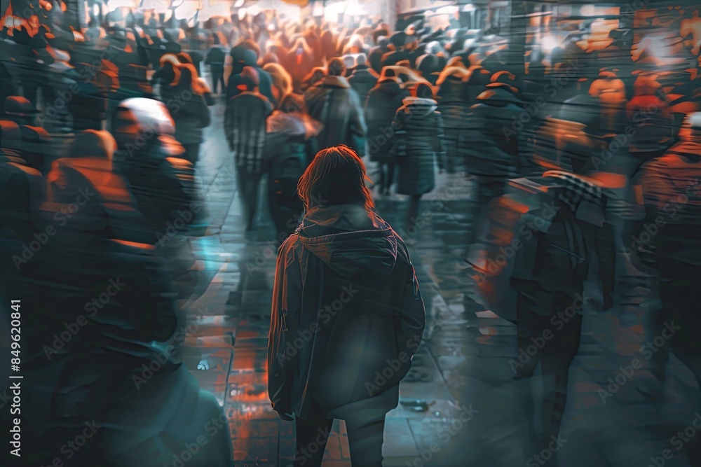 Poster a single person stands alone in a crowded city, their figure in sharp focus while the surrounding cr