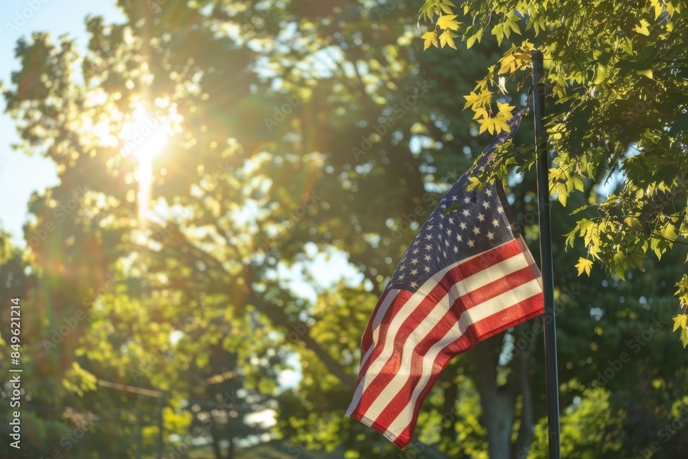 Poster a closeup of the american flag waving in the wind with trees and sky in the background a sense of fr