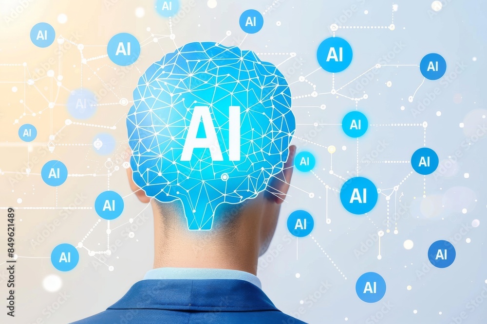 Poster ai head illustration with digital elements, representing artificial intelligence, cognitive computin