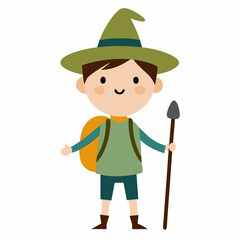 simple cartoon sketch of a child who is a hiker, nature explorer who is wearing a wizard hat on a clean white background with a walking stick