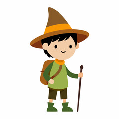 simple cartoon sketch of a child who is a hiker, nature explorer who is wearing a wizard hat on a clean white background with a walking stick