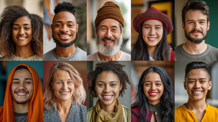Obraz premium Diverse group of people smiling, collage of multi-ethnic portraits. Perfect for showcasing diversity, inclusion, and happiness in communities or workplaces.