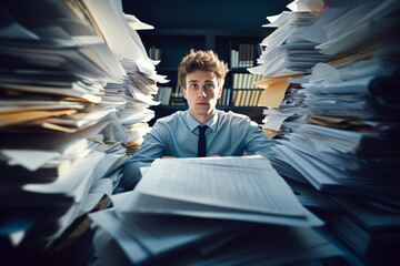 Man working late with papers, facing a deadline. Stressed man with documents, under pressure at the office. Man dealing with work stress, late night at the office