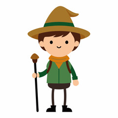 simple cartoon sketch of a child who is a hiker, nature explorer who is wearing a wizard hat on a clean white background with a walking stick