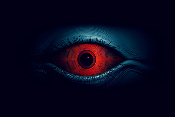 Abstract red eye on dark digital background, futuristic technology concept.