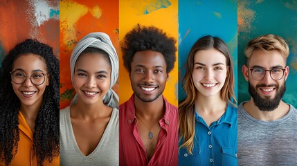 Diverse and joyful group of friends with vibrant backgrounds, celebrating unity. Ideal for concepts related to community, diversity, and inclusivity in social settings.