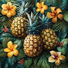 Photorealistic pineapples on a tropical paradise background.