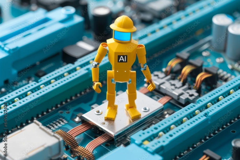 Poster ai robot in an industrial setting, representing artificial intelligence, cognitive computing, and in
