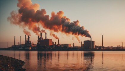 A sprawling industrial facility with chimneys emitting dense smoke, creating a stark image of industrial pollution under a muted, overcast sky