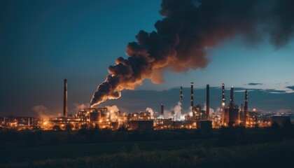 A large factory complex with smoke billowing from tall chimneys, highlighting the environmental effects of industrial activity and air pollution