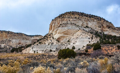 White rock made of layered petrified sandstone