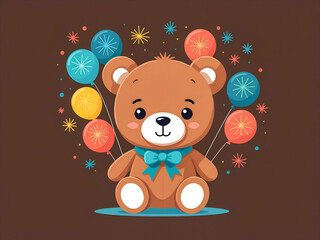 design illustration of a cute teddy bear with fireworks on a brown background