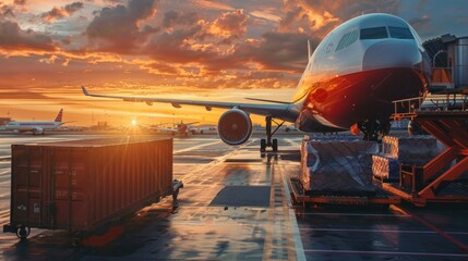 Air cargo logistic containers are loading to an airplane. Air transport shipment prepare for loading to modern freighter jet aircraft at the airport.