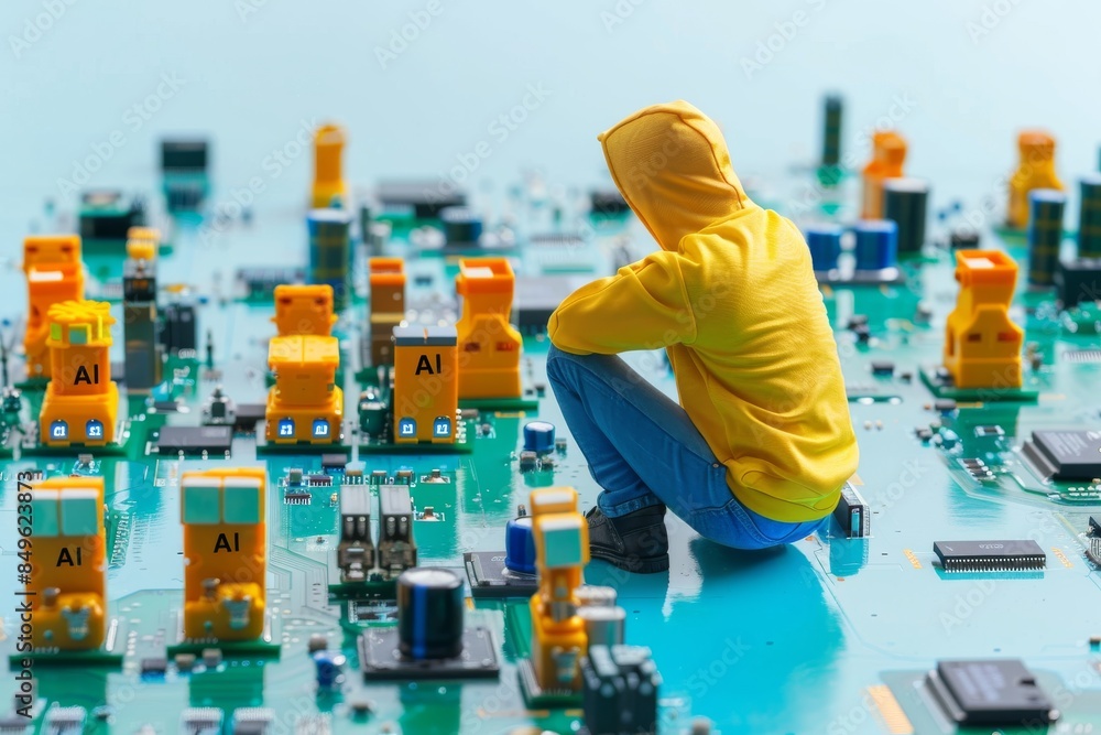 Poster ai robot in a modern factory, representing artificial intelligence, cognitive computing, and innovat