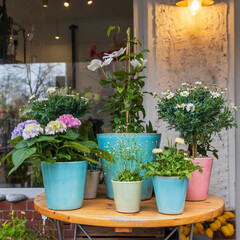 Blue hydrangeas and daisies in pots for decoration on a table near the entrance to the restaurant.