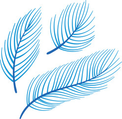 Obraz premium Three abstract blue feathers appear sleek minimalist, emphasizing modern graphic design style. Vector illustration features isolated white background, making feathers visually distinctive creative