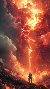 Chango wielding holographic thunderbolts in a surreal volcanic eruption of power