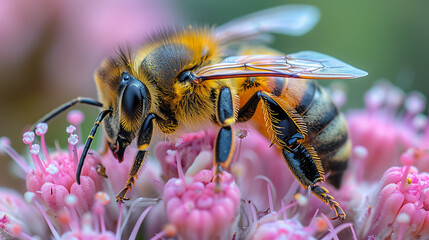 Naklejka premium A close-up shot of a honeybee gathering pollen from a vibrant pink flower, showcasing the intricate details of its wings and the soft texture of the petals