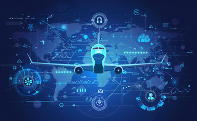 An abstract illustration shows a plane above a digital world map made of lines and shapes. The plane silhouette clearly symbolizes air travel