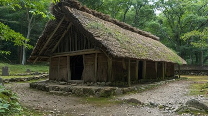 Fototapeta premium Tribal Hut having thatched roof, made from Bamboo Straws and sticks. Typical house form of Tribal areas of Eastern India. Such houses are temporary and regulate temperature in natural way. - Image.