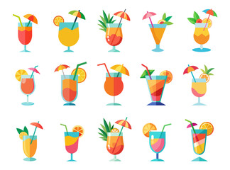 Set of refreshing tropical cocktails isolated on white background. Vibrant fruit juices. Concept of summer drinks, exotic beverages, leisure. Design elements. Print. Graphic illustration