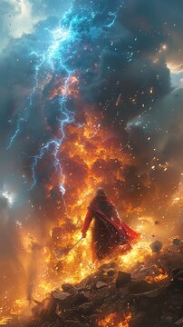 Chango wielding holographic thunderbolts in a surreal volcanic eruption of power