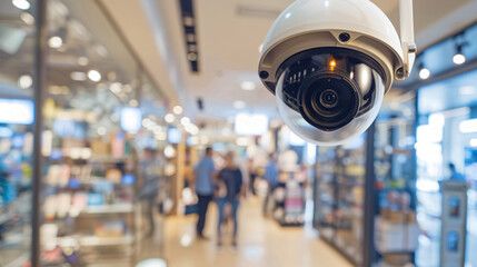 Security camera observing shoppers browsing products in a department store