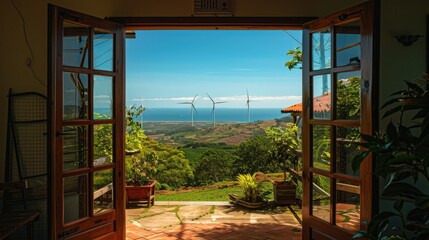 View from inside a house, through an open door to the street with wind turbines and the sea in the background, bright daylight on a sunny day, bright colors, greenery, lush nature, blue sky