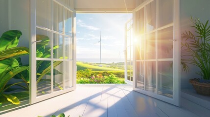 View from inside a house, through an open door to the street with wind turbines and the sea in the background, bright daylight on a sunny day, bright colors, greenery, lush nature, blue sky